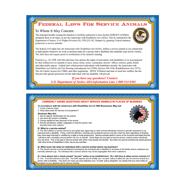 Service Dog Info Cards-50 ADA - Service Animal Badge